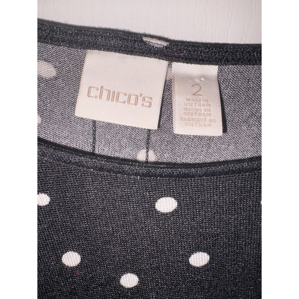 Chicos Size 2 Tunic Tops Large Black White Polka Dot 3/4 Sleeve Blouse Womens - Picture 5 of 8
